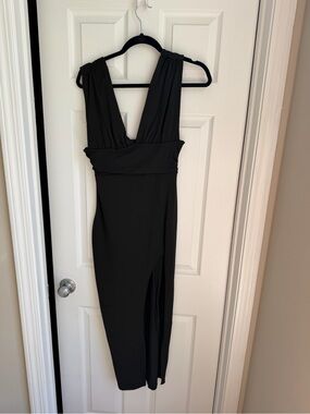 SHEIN Black V-Neck Midi Dress with Side Slit